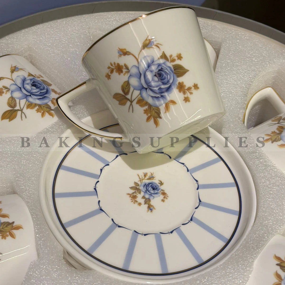 Angela Blue Rose Floral Cup & Saucer Set of 6