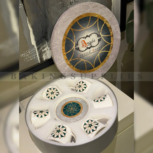 Angela Teal & Gold Geometric Cup & Saucer Set of 6