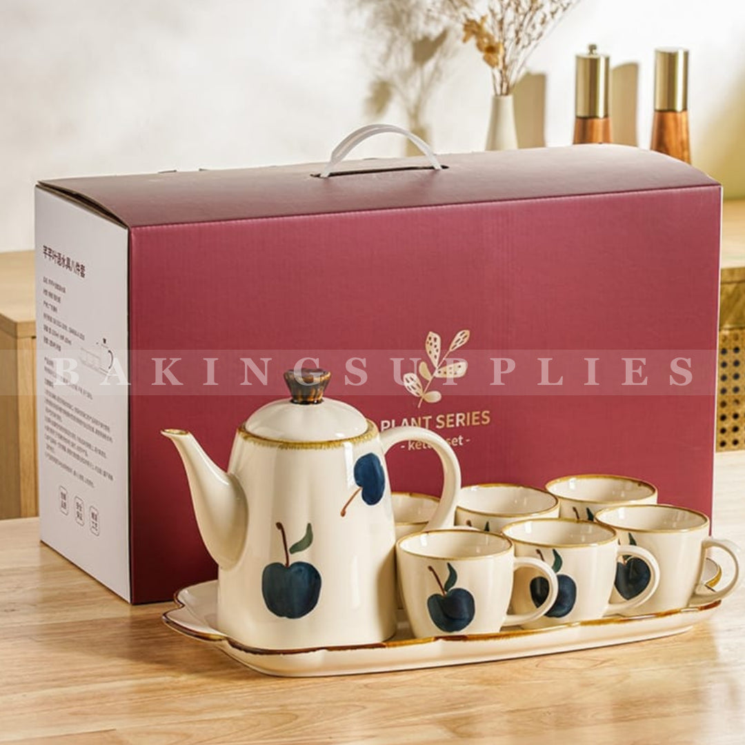 Apple Print Ceramic Tea Set 8 Piece with Serving Tray