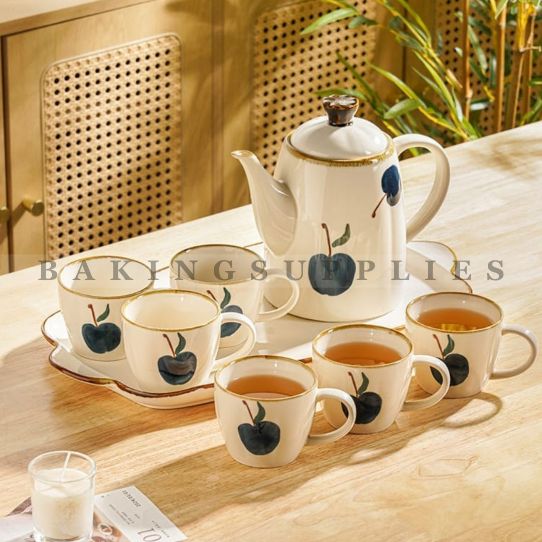 Apple Print Ceramic Tea Set 8 Piece with Serving Tray