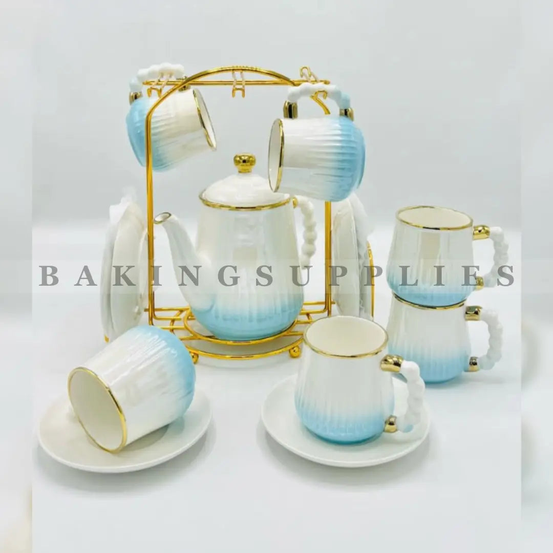 Arctic Sky Elegance 15-Piece Ceramic Tea Set with Gold Stand