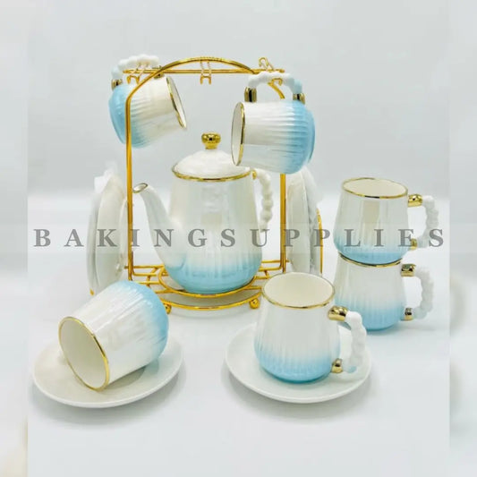 Arctic Sky Elegance 15-Piece Ceramic Tea Set with Gold Stand