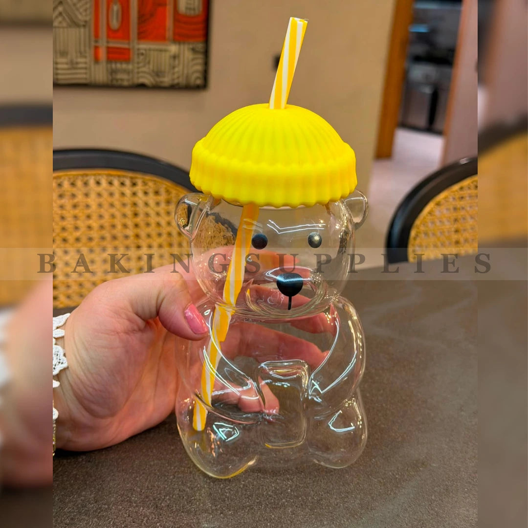 Bear Glass Tumbler with Straw & Silicone Lid