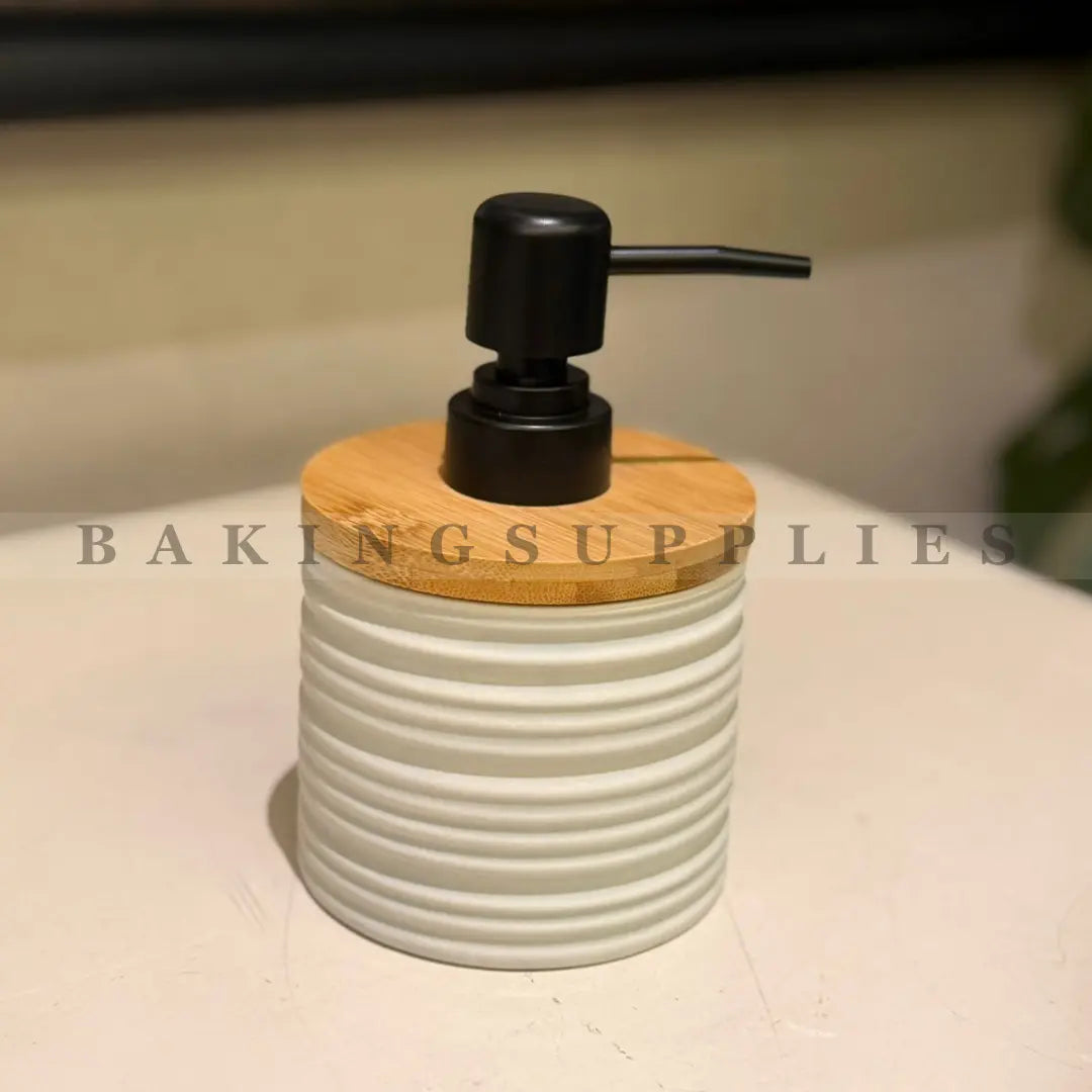 Ribbed Ceramic Soap Dispenser with Bamboo Lid & Black Pump