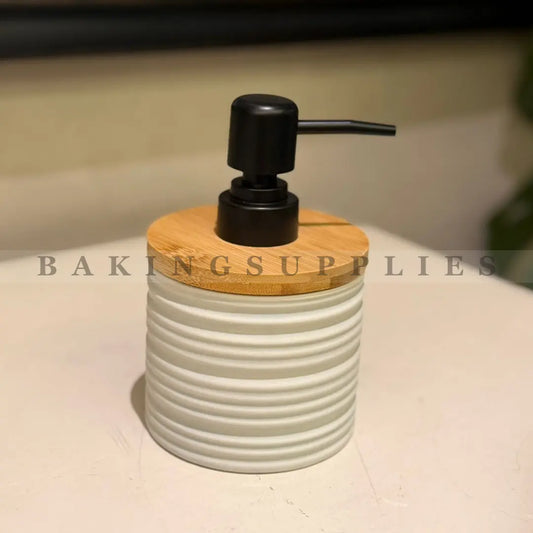 Ribbed Ceramic Soap Dispenser with Bamboo Lid & Black Pump