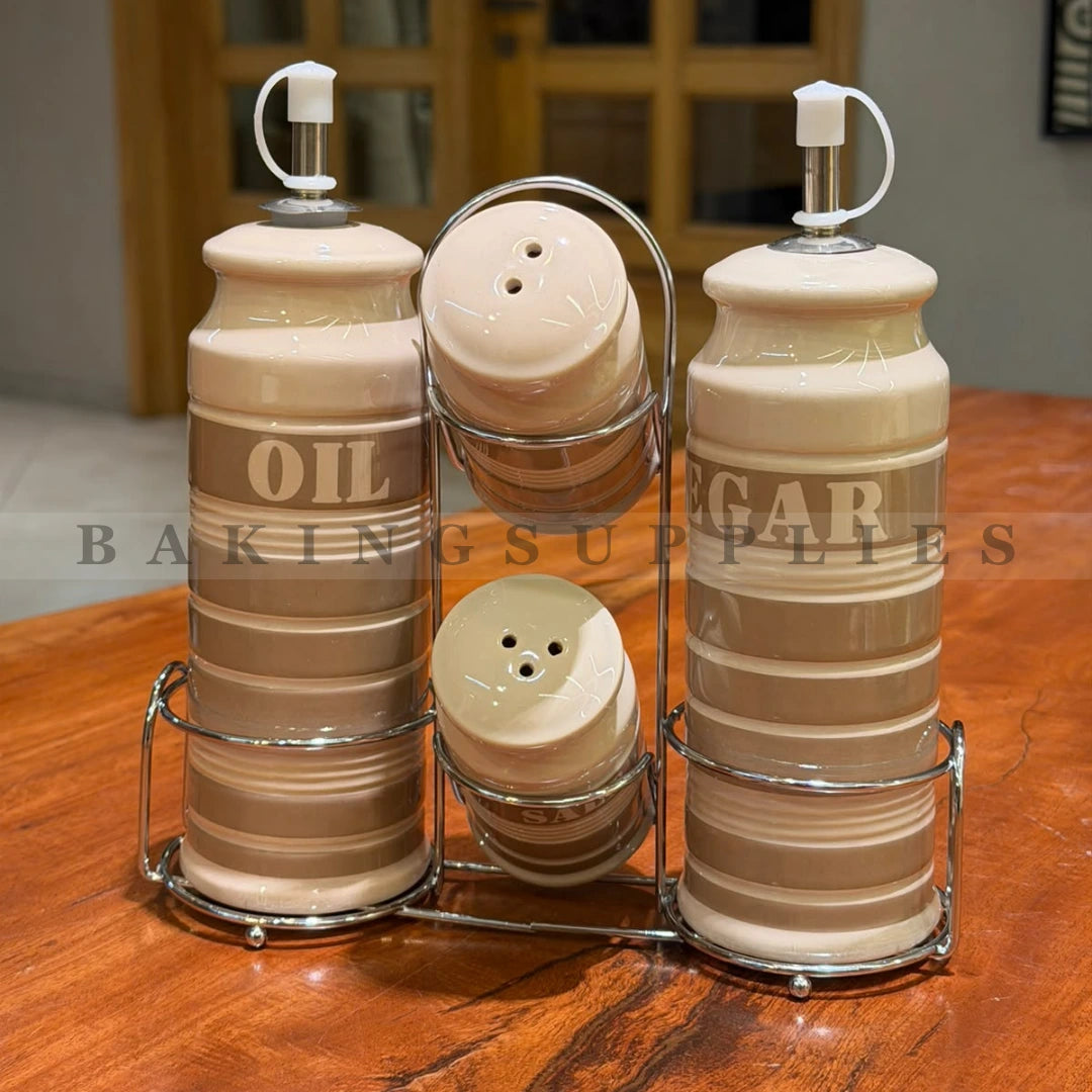 Ceramic Oil and Spice Bottle Set with Metal Stand