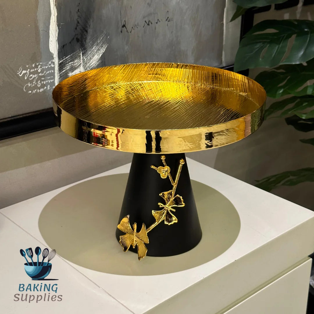 Black & Gold Metal Cake Platter – 9″ Decorative Display Tray