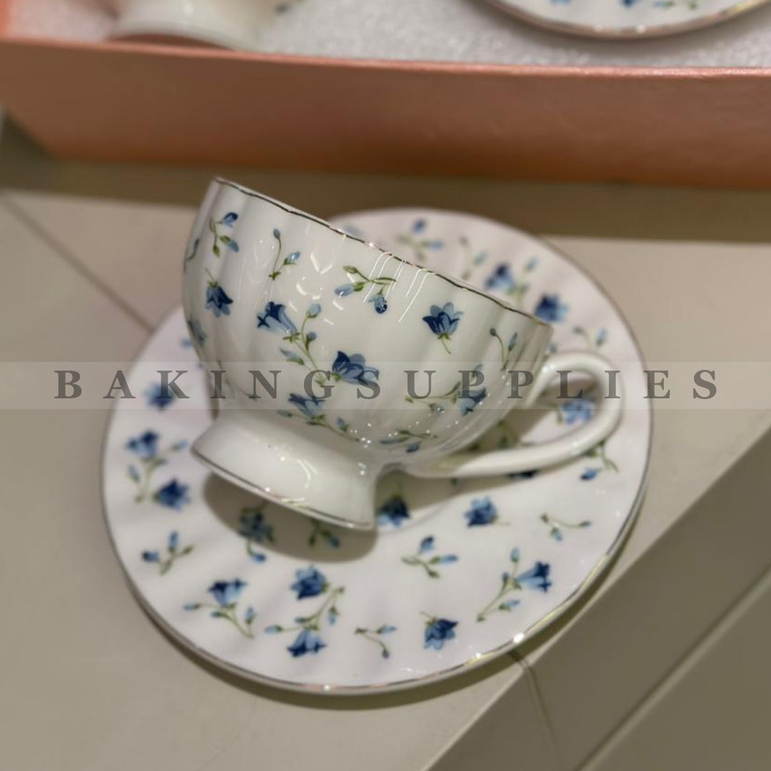 Blue Floral Ceramic Cups & Saucers 7-Piece Set
