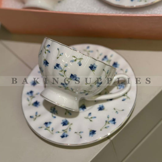 Blue Floral Ceramic Cups & Saucers 7-Piece Set