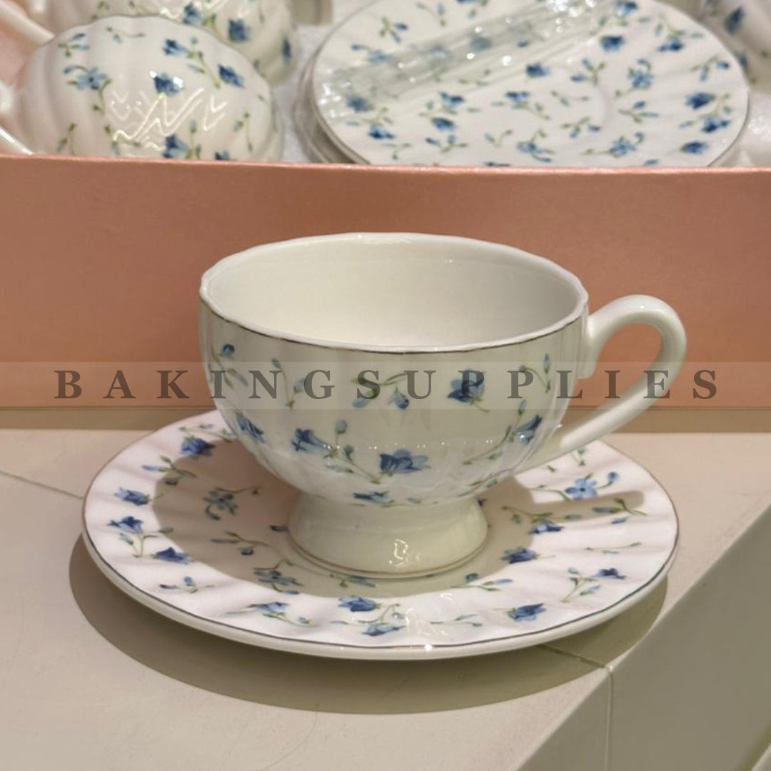 Blue Floral Ceramic Cups & Saucers 7-Piece Set