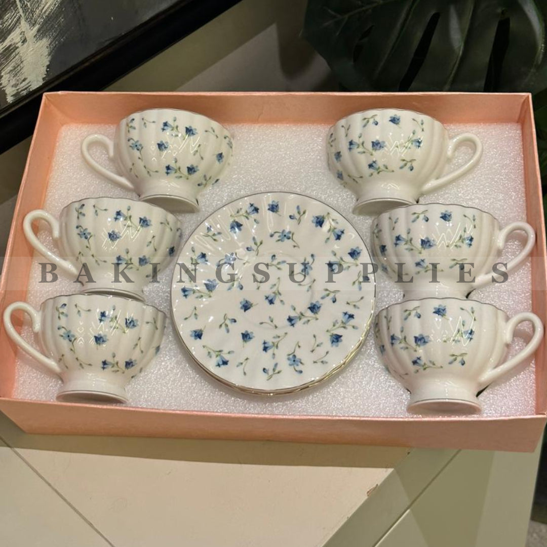 Blue Floral Ceramic Cups & Saucers 7-Piece Set