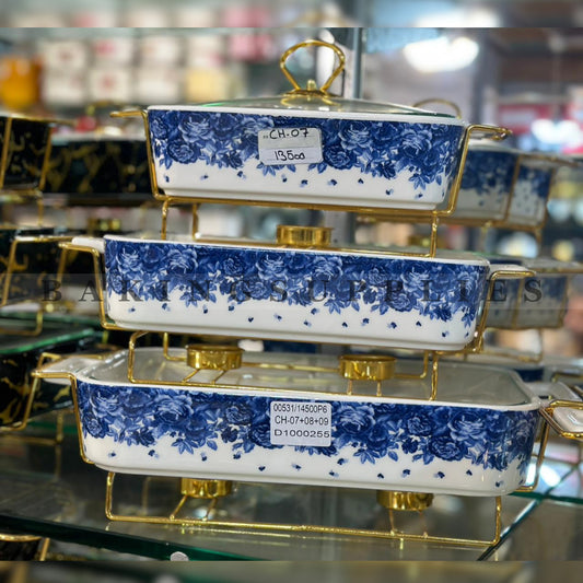 Luxury Floral Chafing Dish Set of 3 with Gold Stand & Glass Lid