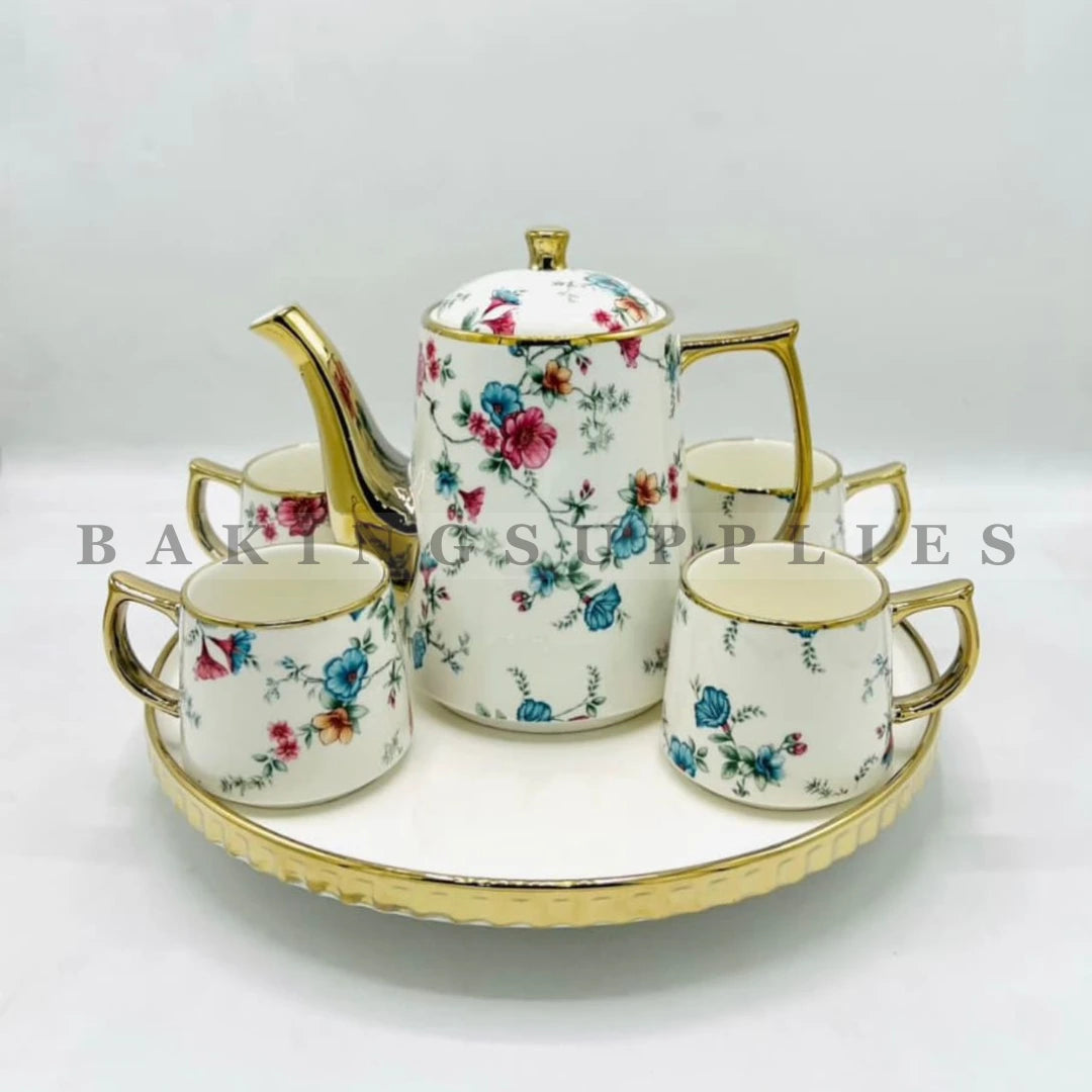Blue Blossom Gold Accent Porcelain 9 Piece Tea Set with Tray