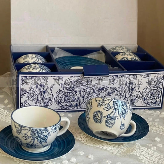 Blue Floral Ceramic Cup & Saucer Set 12 Pieces