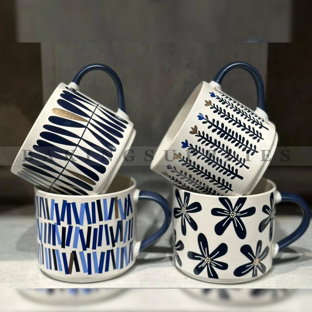 Blue & White Botanical Geometric 4-Piece Ceramic Mug Set