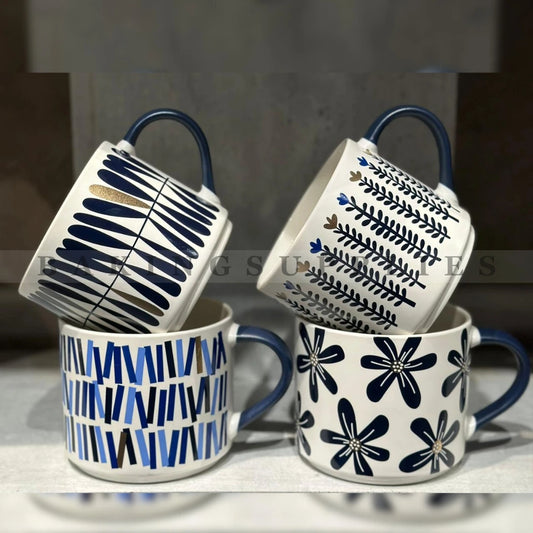 Blue & White Botanical Geometric 4-Piece Ceramic Mug Set