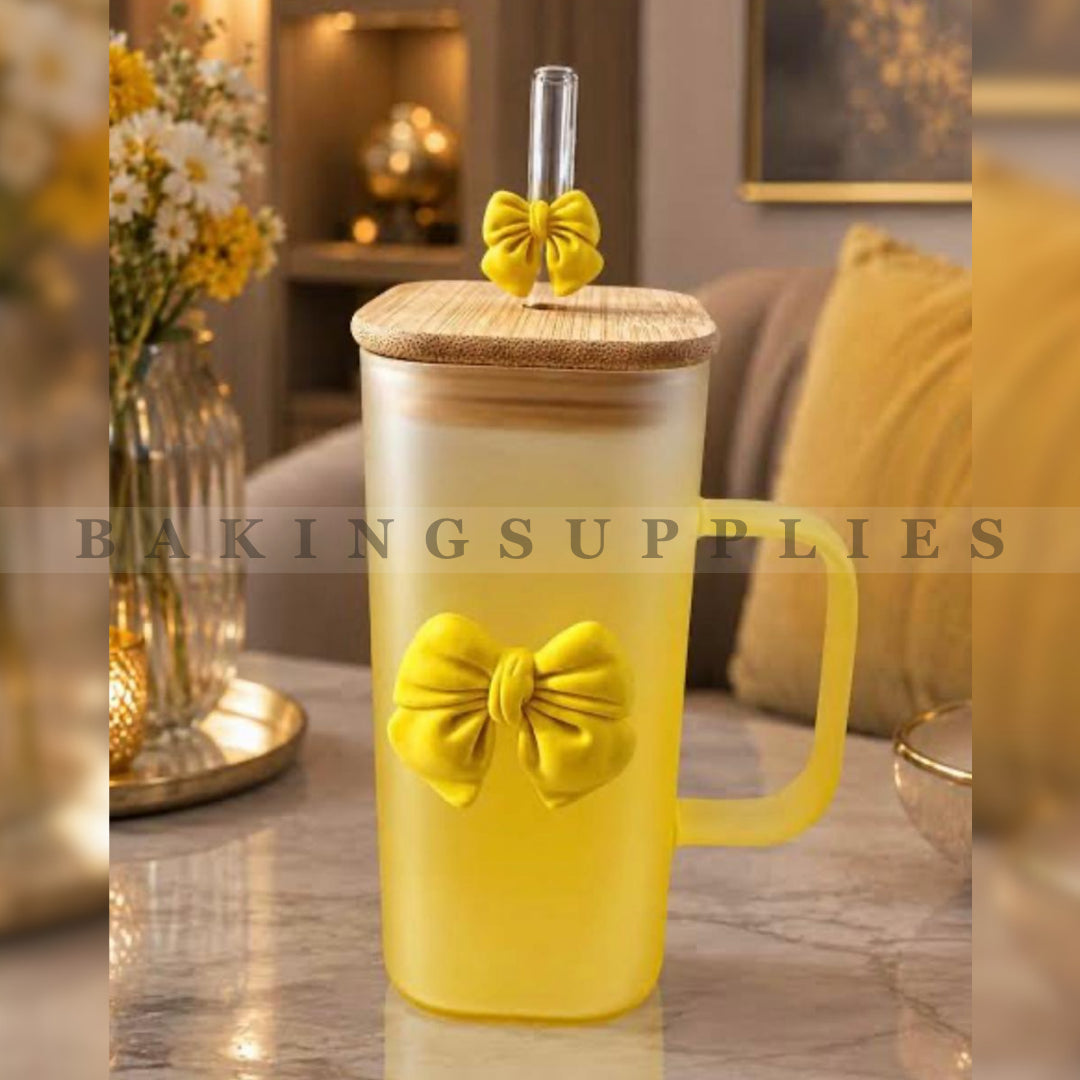 Bow Design Glass Tumbler with Straw & Wooden Lid