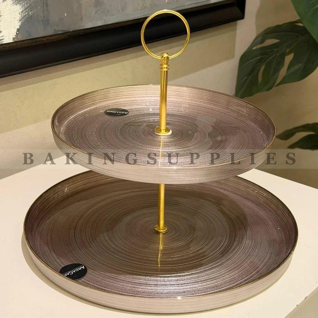 Brown 2‑Tier Serving Tray with Gold Rim – Elegant Dessert & Appetizer Stand