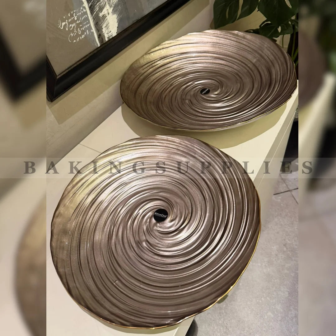 Brown Spiral Ceramic Platter with Gold Rim – Elegant Serving Tray