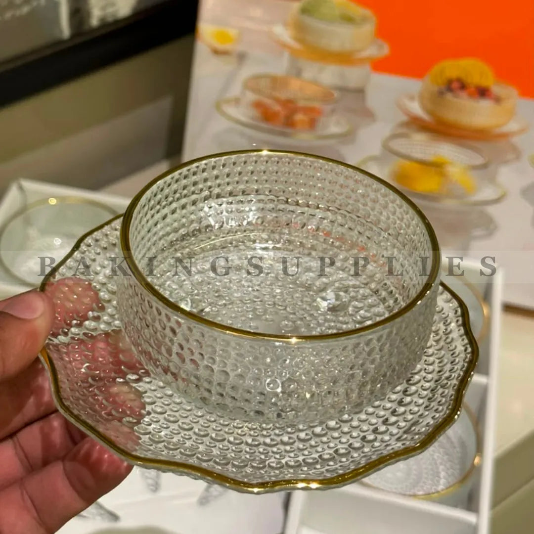 12 Piece Glass Ice Cream Bowl & Saucer Set with Gold Rim