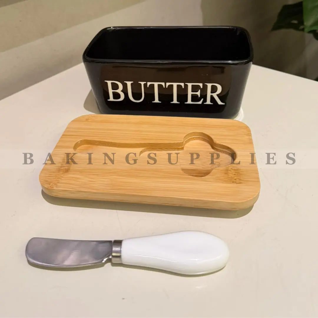 Ceramic Butter Dish with Wooden Lid & Knife