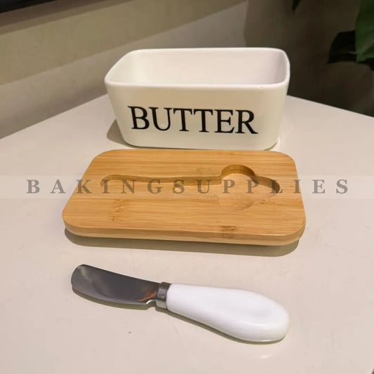 Ceramic Butter Dish with Wooden Lid & Knife