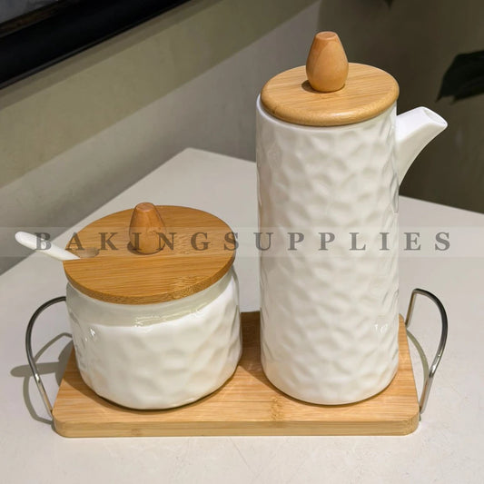 Ceramic Milk & Sugar Pot Set with Bamboo Lids and Tray