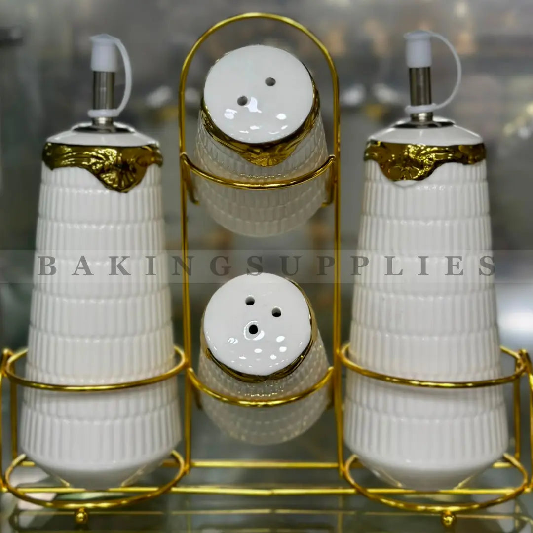 Ceramic Oil & Vinegar Bottles with Salt & Pepper Shakers and Gold Stand
