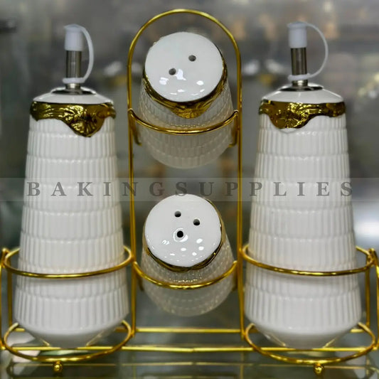 Ceramic Oil & Vinegar Bottles with Salt & Pepper Shakers and Gold Stand
