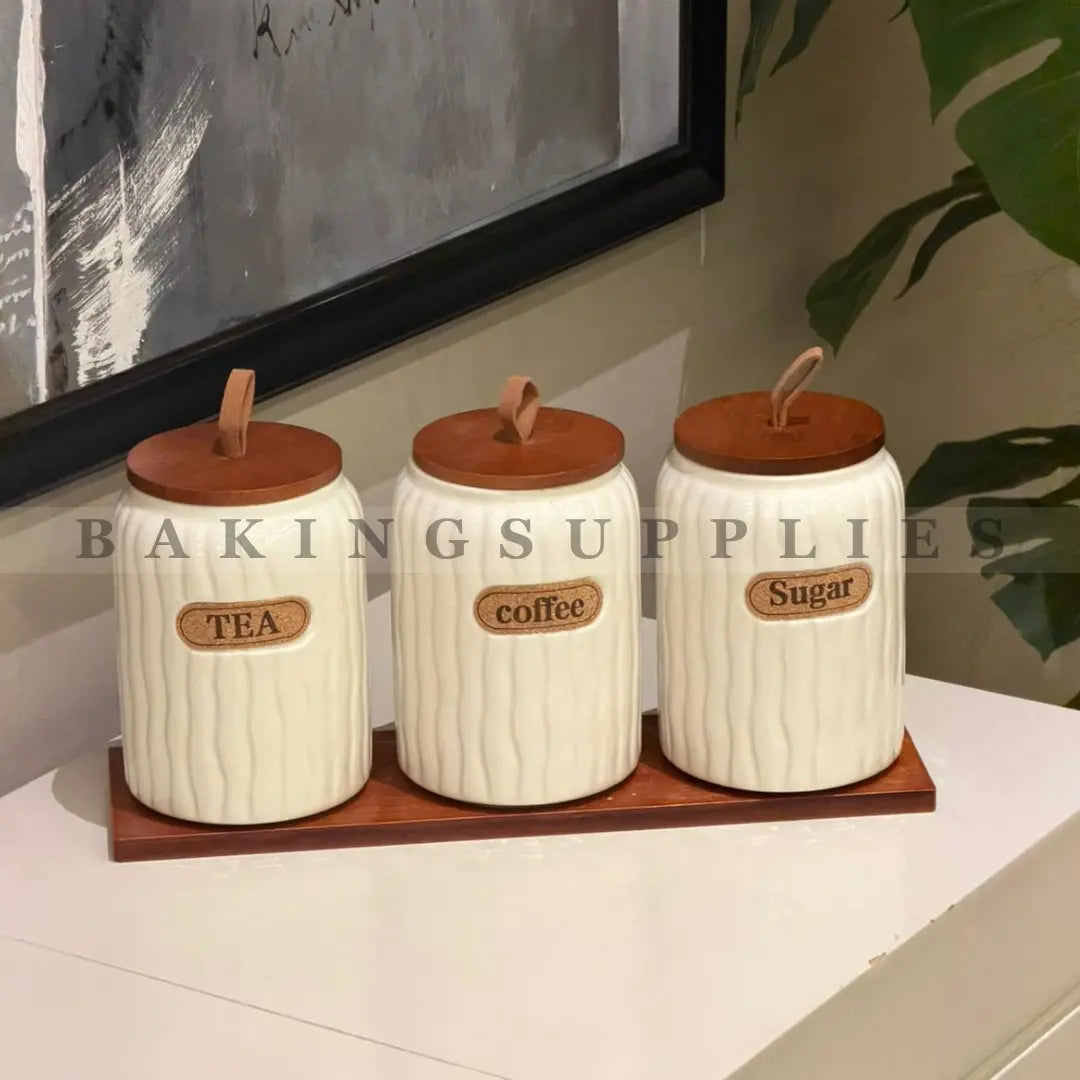 Ceramic Tea Coffee Sugar Jar Set with Wooden Tray & Lids