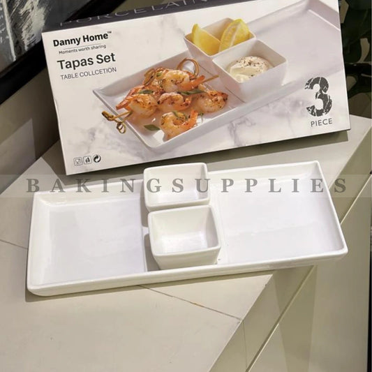 Ceramic White Serving Platter with 2 Sauce Holders