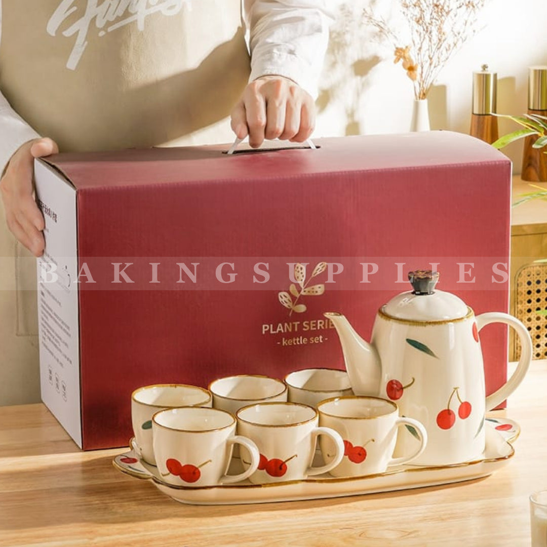 Cherry Print Ceramic Tea Set 8 Piece with Serving Tray
