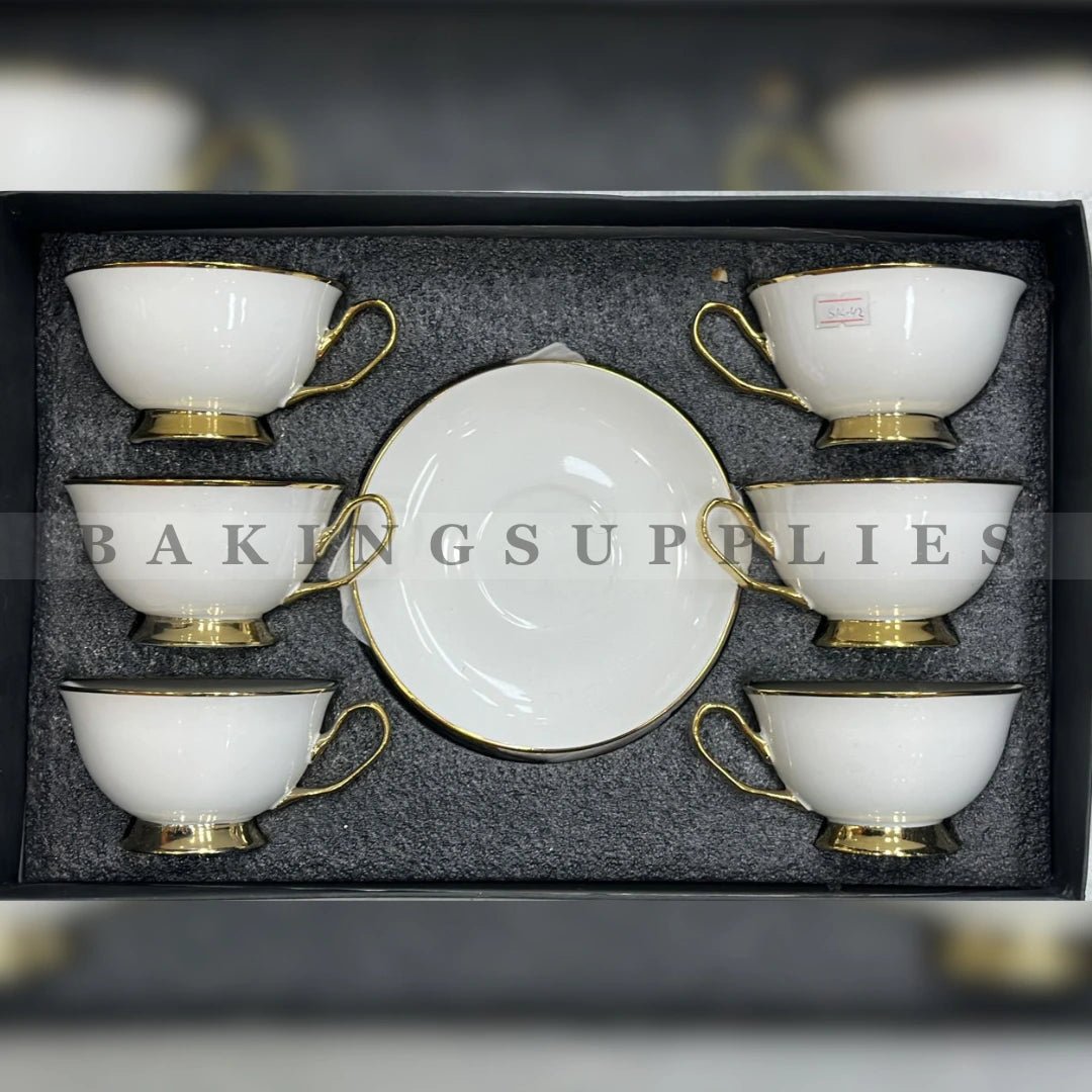 Classic White Gold Rim Porcelain Cup & Saucer Set of 6