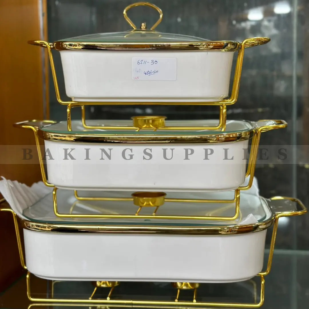 Gold Rim Ceramic Chafing Dish with Glass Lid