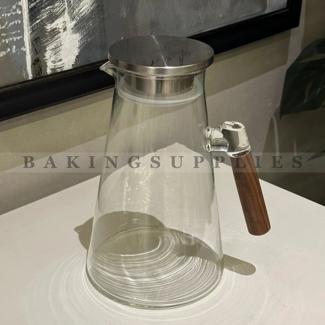 Clear Crystal Glass Pitcher with Wooden Handle – Elegant Beverage Jug