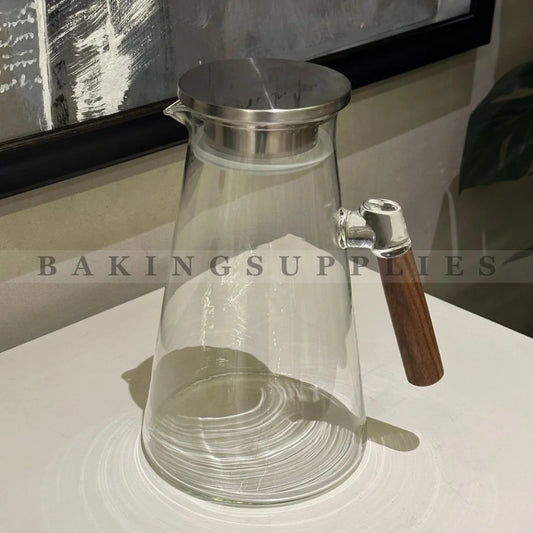Clear Crystal Glass Pitcher with Wooden Handle – Elegant Beverage Jug