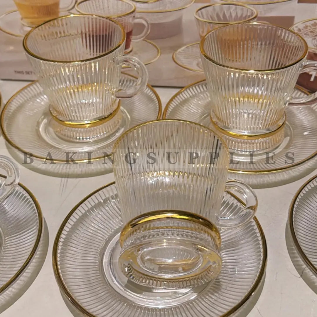 12 Piece Glass Kehwa Cup & Saucer Set with Gold Rim