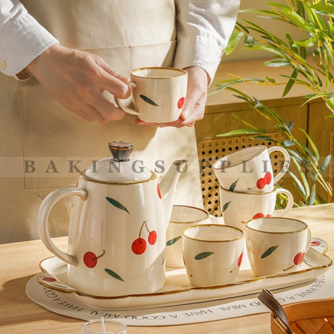 Cherry Print Ceramic Tea Set 8 Piece with Serving Tray