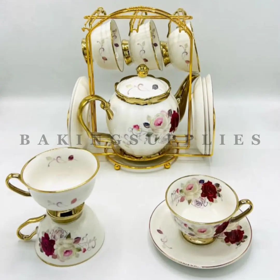 Crimson Rose Charm 15-Piece Ceramic Tea Set with Gold Stand