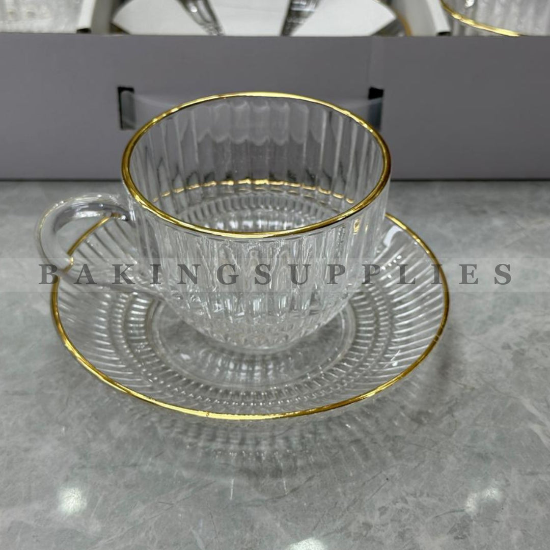 Crystal Cup & Saucer Set with Gold Rim Set of 6 | Elegant Tea & Coffee Cups