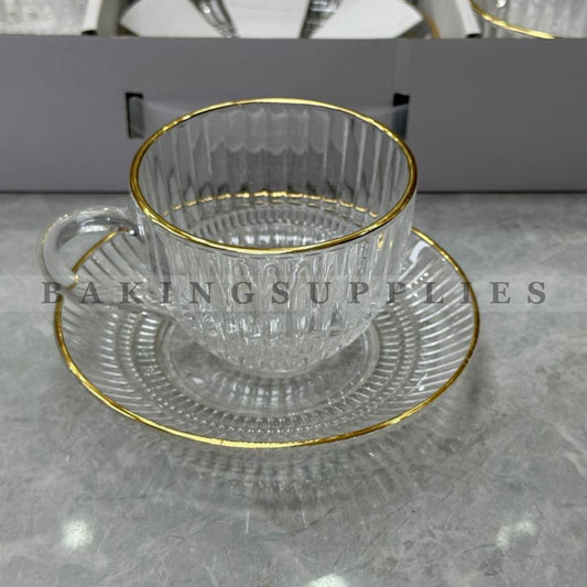 Crystal Cup & Saucer Set with Gold Rim Set of 6 | Elegant Tea & Coffee Cups