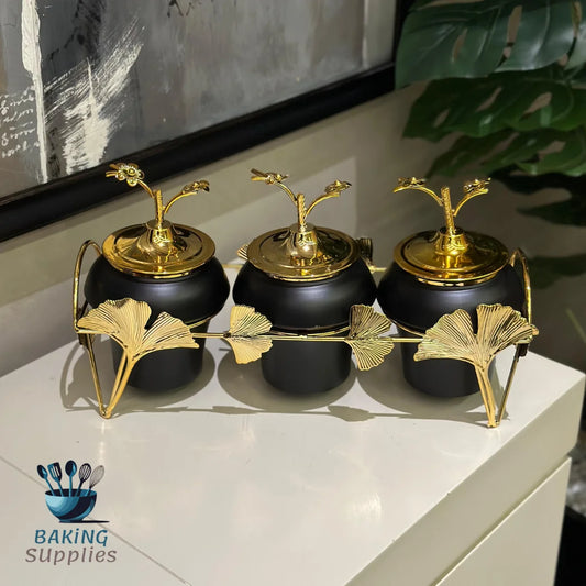 Set of 3 Black & Gold Storage Jars