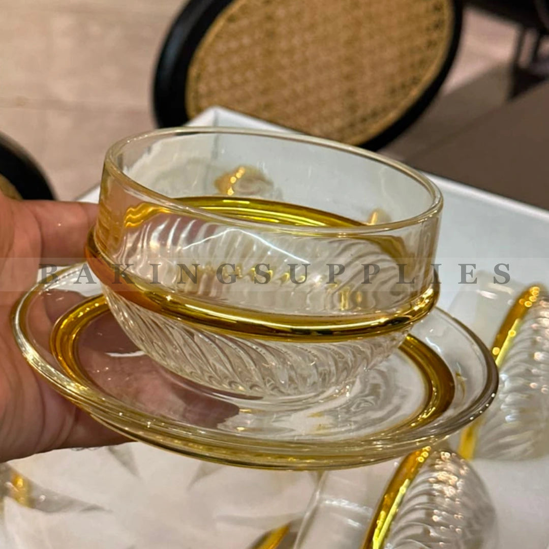 Crystal Glass Dessert Bowl & Saucer Set with Gold Rim