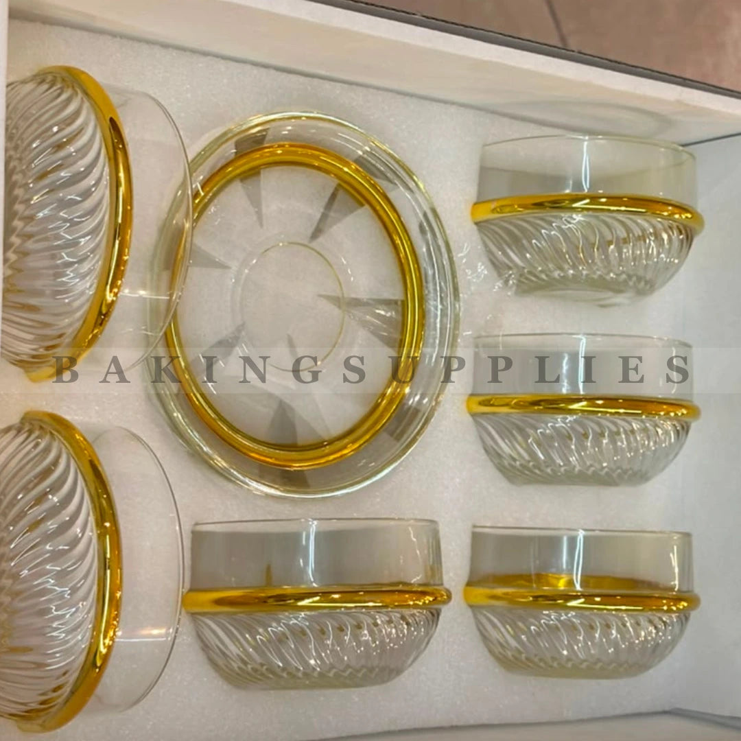 Crystal Glass Dessert Bowl & Saucer Set with Gold Rim