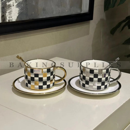 Cup & Saucer Set with Spoon – Gold & Silver Elegance
