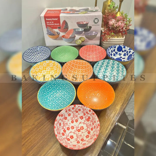 Danny Home 10 Pcs Porcelain Bowl Set – 12.07 cm | Multicolor Patterned Bowls