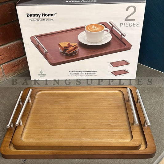 Danny Home 2-Piece Bamboo Serving Tray Set with Stainless Steel Handles