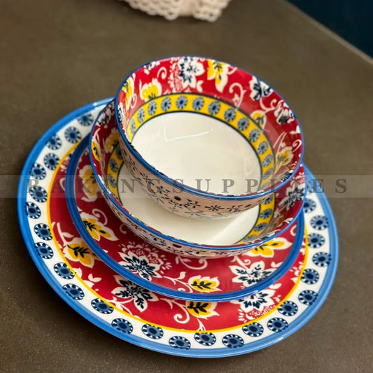 Danny Home 24-Piece Porcelain Dinner Set | Red Floral Dinnerware
