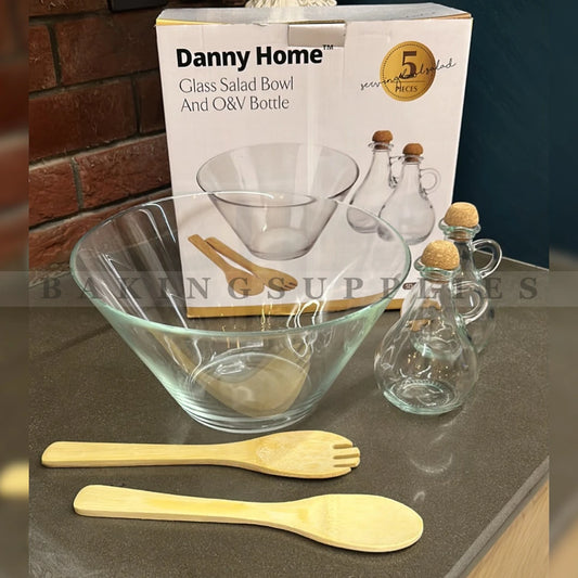Danny Home 5 Piece Glass Salad Bowl Set with Oil & Vinegar Bottles