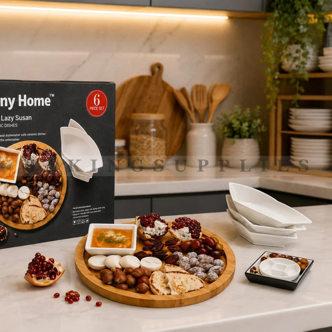Danny Home Bamboo Lazy Susan with Ceramic Dishes 6 Piece Set